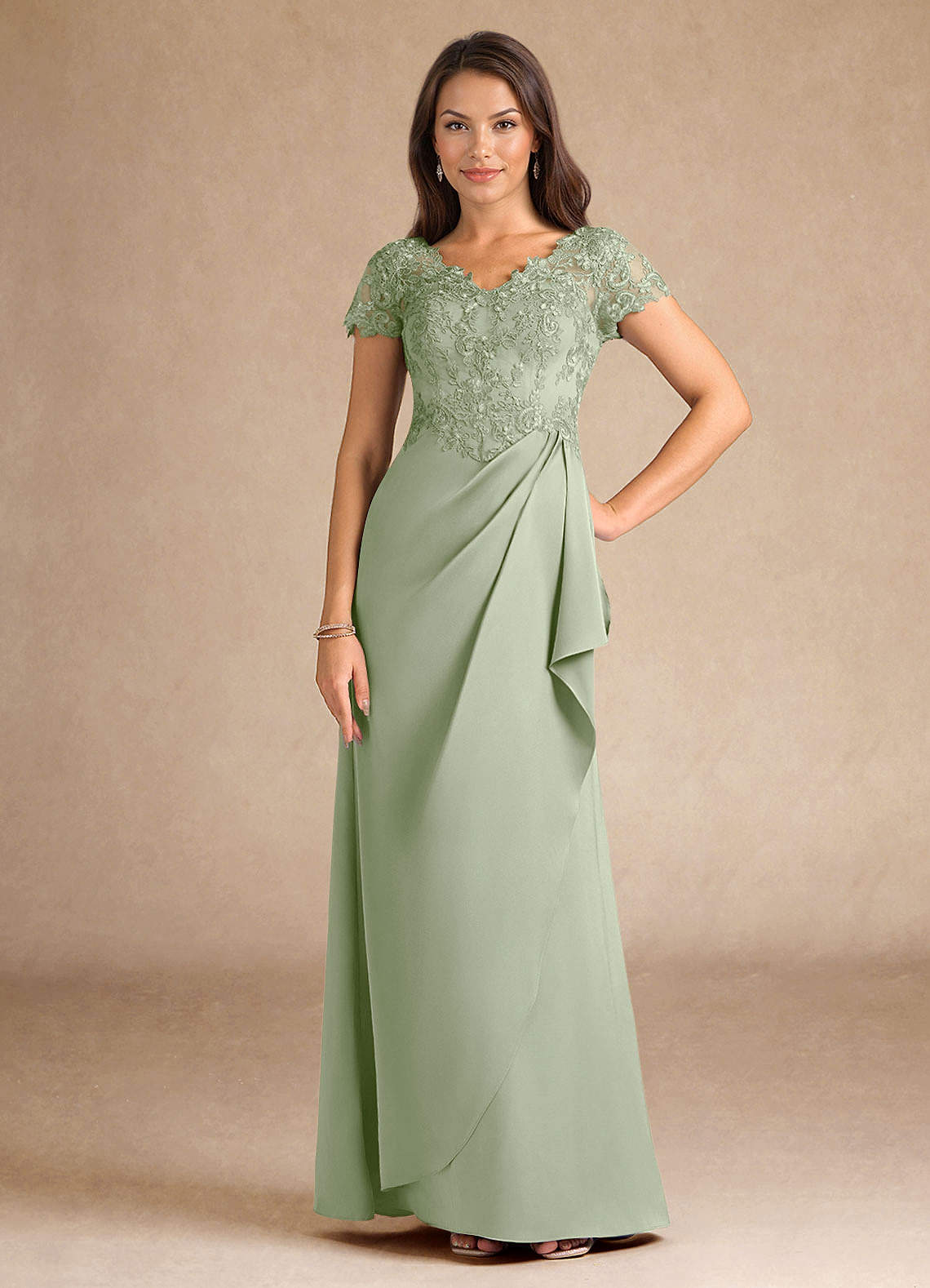 Azazie Santa Ana Kleider für die Brautmutter A-Linie Spitze Stretch-Satin Kleid Staubiger Salbeigrün image1