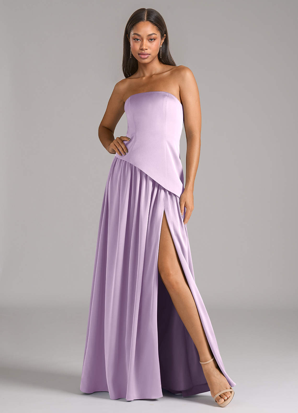 Azazie Adeline Brautjungfernkleider Wandelbar A-Linie Schulterfrei Stretch-Satin Kleid Frostiges Flieder image1