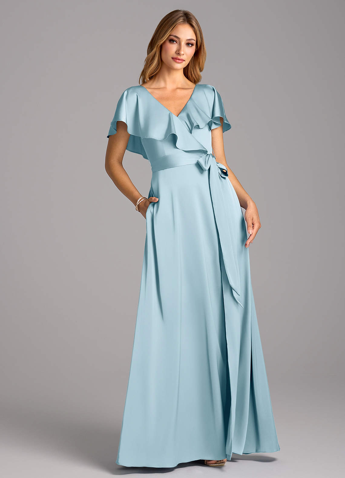 Azazie Lainey Bridesmaid Dresses Sky Blue A-Line with Pockets Stretch Satin Dress image1