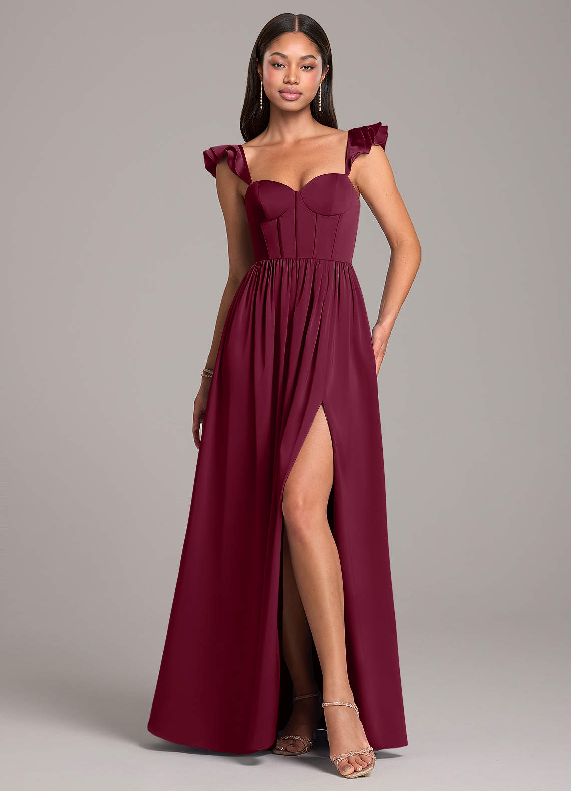 Azazie Denisse Bridesmaid Dresses Mulberry A-Line Ruched Stretch Satin Dress image1