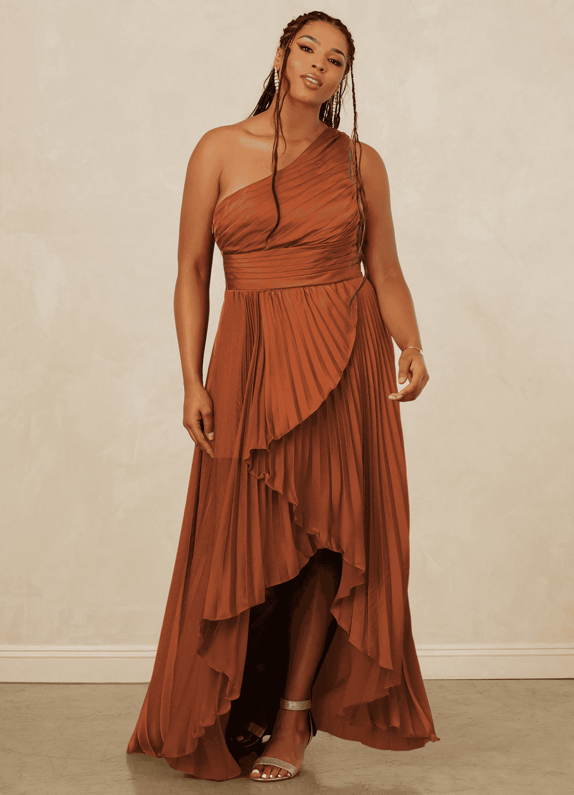 Christian Siriano Bridal for Azazie 1008 Bridesmaid Dresses Cinnamon A-Line One Shoulder Stretch Satin Dress image1