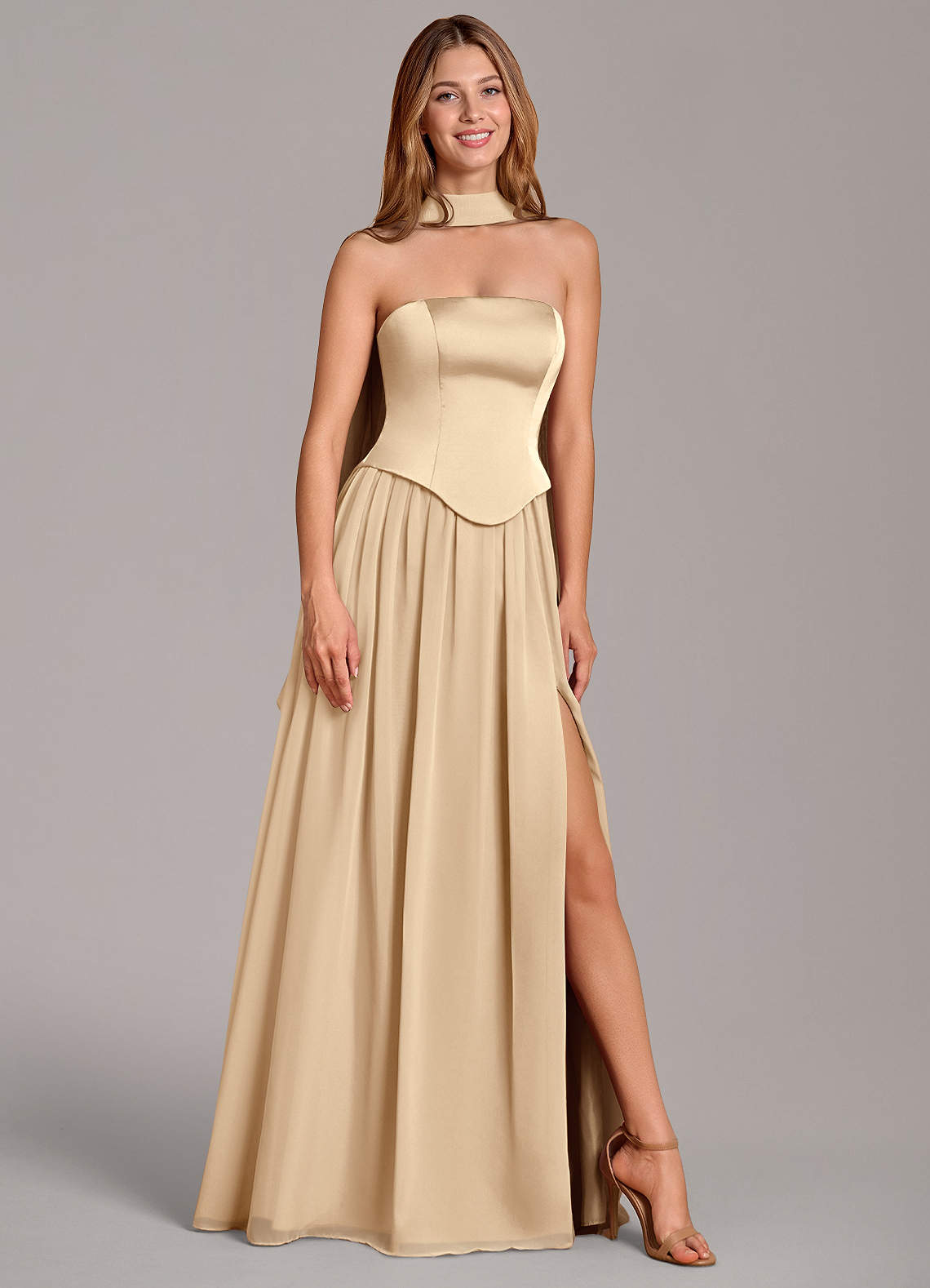Azazie Cadence Bridesmaid Dresses Champagne A-Line Corset Stretch Satin Convertible Dress image1