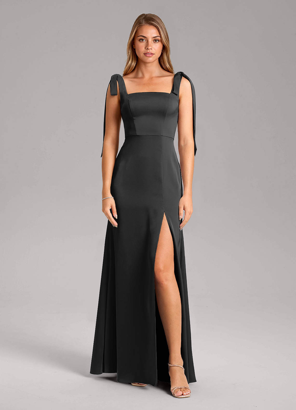 Azazie Frostine Bridesmaid Dresses Black A-Line Bow Stretch Satin Dress image4