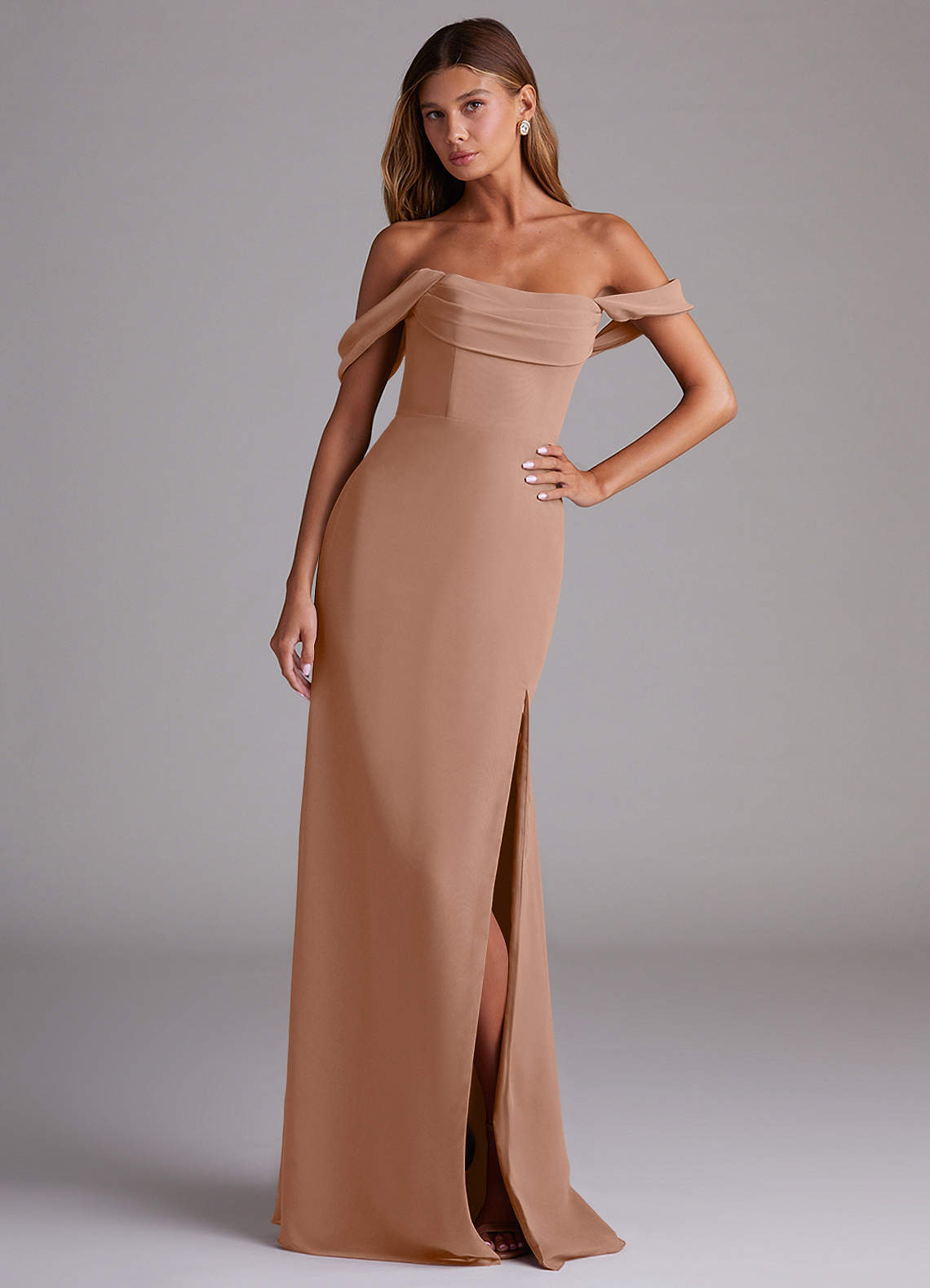 Azazie Saige Bridesmaid Dresses Champagne Rose A-Line Off the Shoulder Chiffon Convertible Dress image3