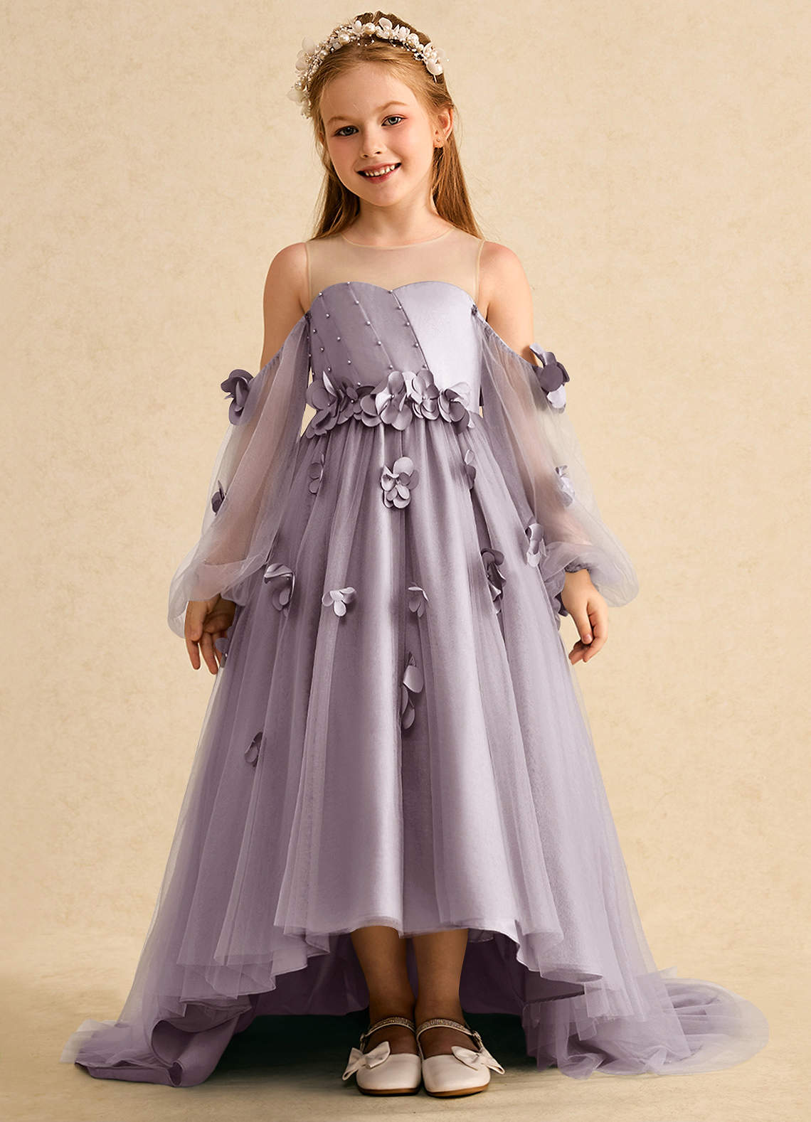Azazie Karrie Robe Demoiselle D'honneur Fillette Robe Trapèze en Tulle avec manches Crépuscule image1