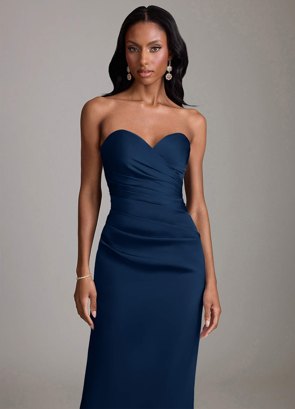knee length dresses for ladies Edel Navy Satin Strapless Maxi Dress With Drape – Club L London main image 1