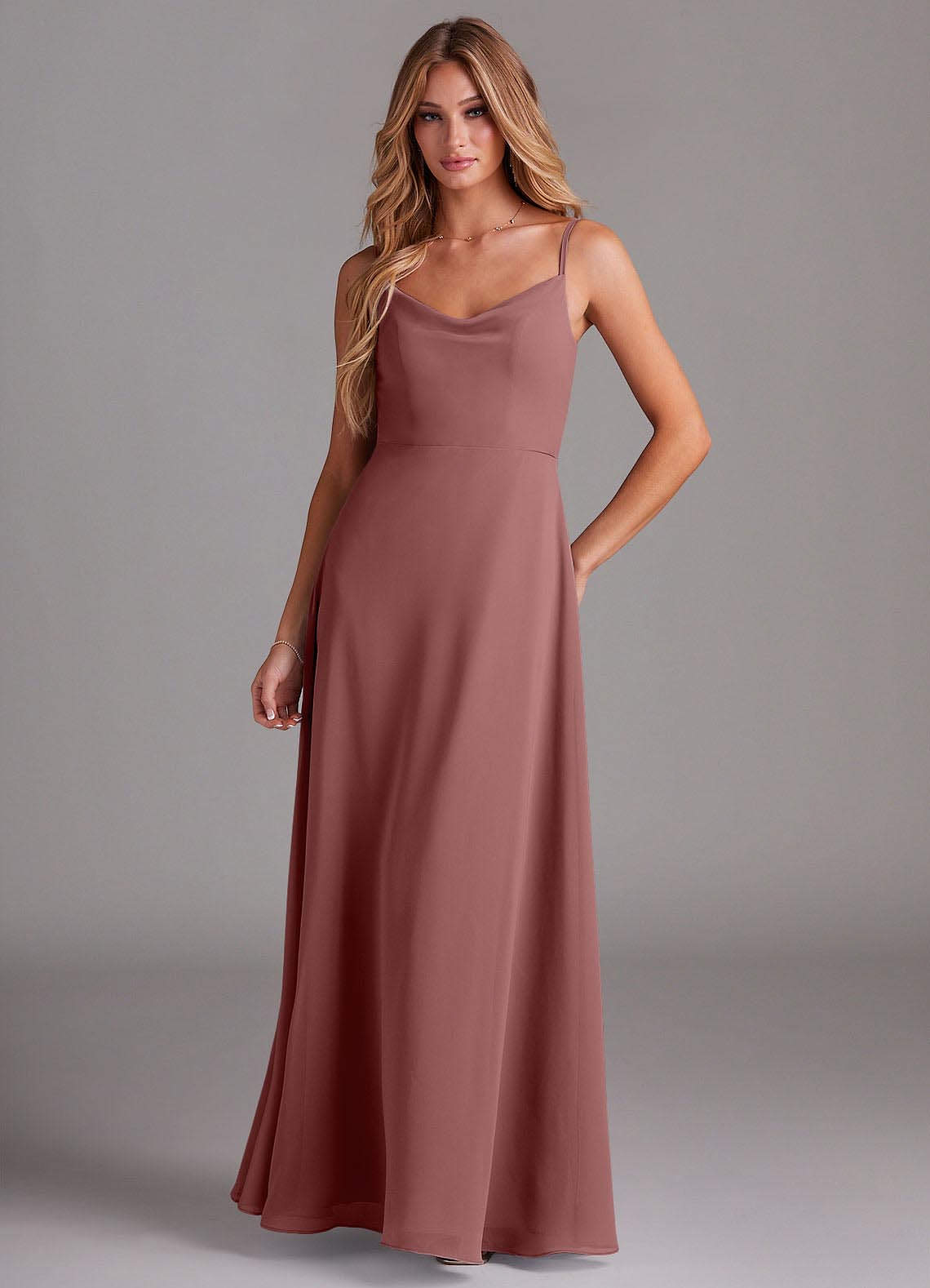 Azazie Daenerys Bridesmaid Dresses Desert Rose A-Line Cowl Chiffon Dress image1