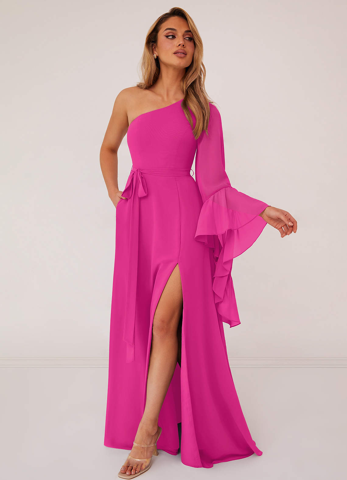 Barbie ♥ Azazie Vente Finale Robe Trapèze en Mousseline de soie Manche longue Barbie Rose image2