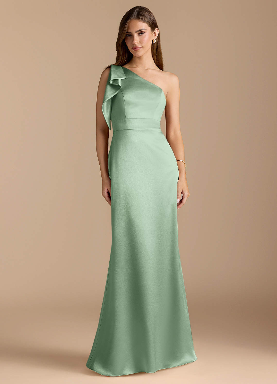 Azazie Rinna Bridesmaid Dresses Matcha Mermaid Ruched Metallic Satin Dress image1