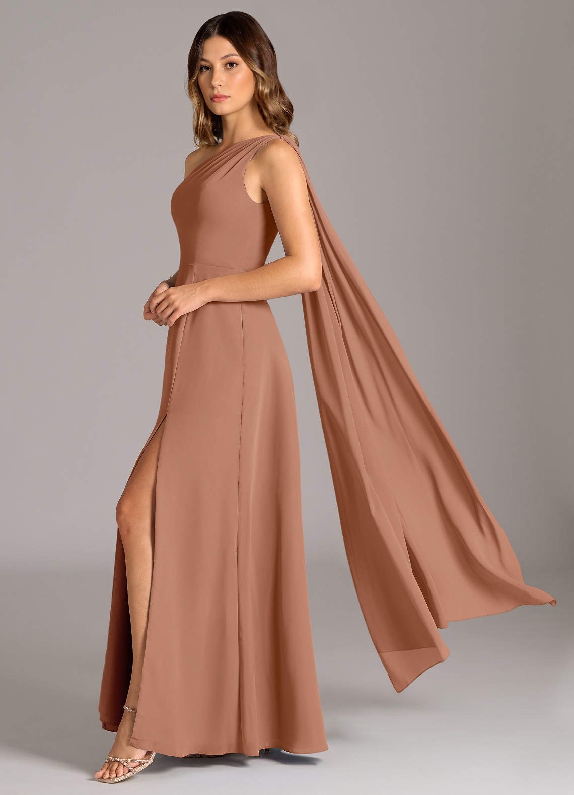 Azazie Tella Bridesmaid Dresses Bronzer A-Line One Shoulder Chiffon Dress image1