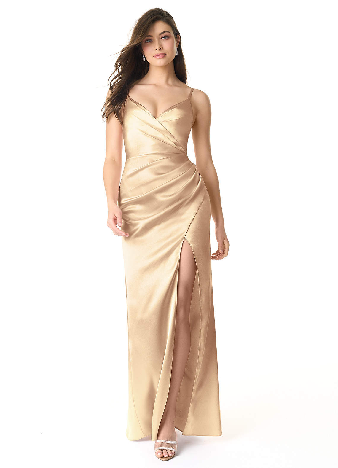 Azazie Sukia Bridesmaid Dresses Gold Mermaid Pleated Metallic Satin Dress image1