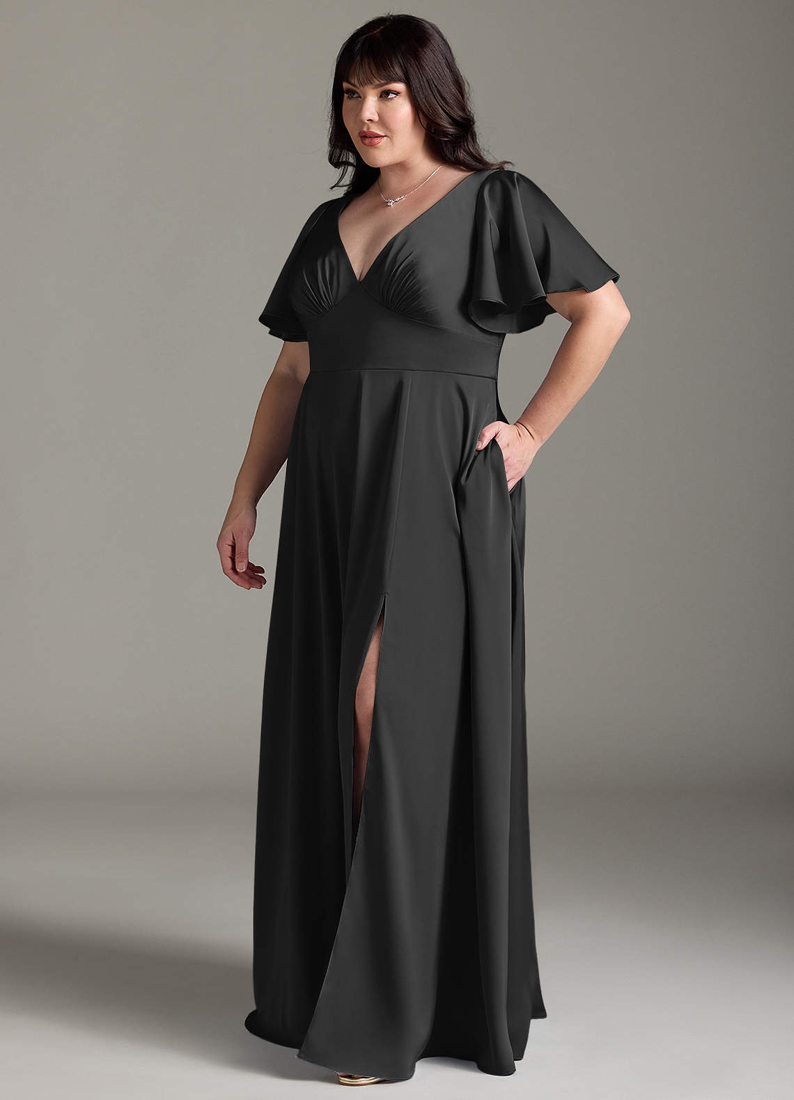 Azazie Kimber Bridesmaid Dresses Black A-Line Ruched Stretch Satin Dress image9