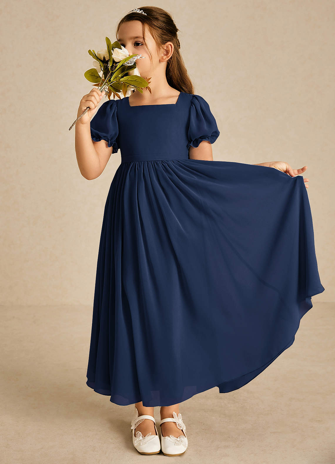 Azazie Joss Dark Navy A-Line with Sleeves Chiffon Dress | Azazie