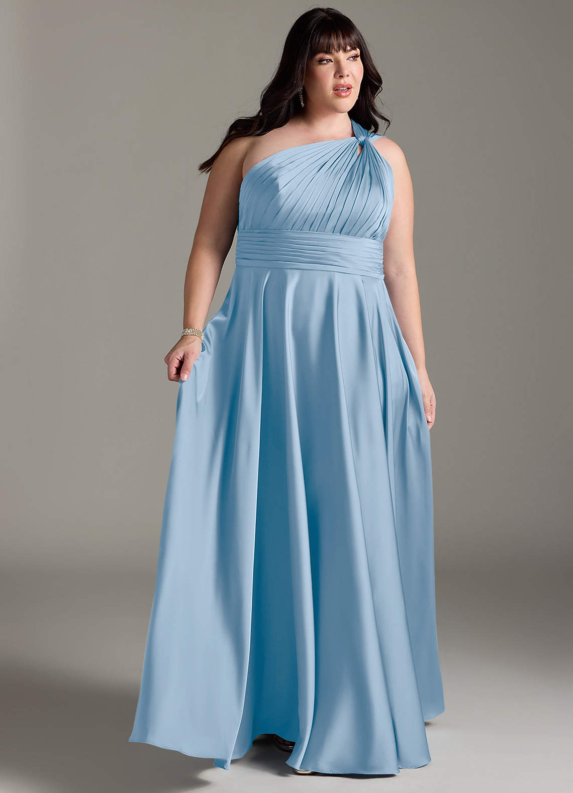 Azazie Charlize Bridesmaid Dresses Powder Blue A-Line One Shoulder Stretch Satin Dress image10