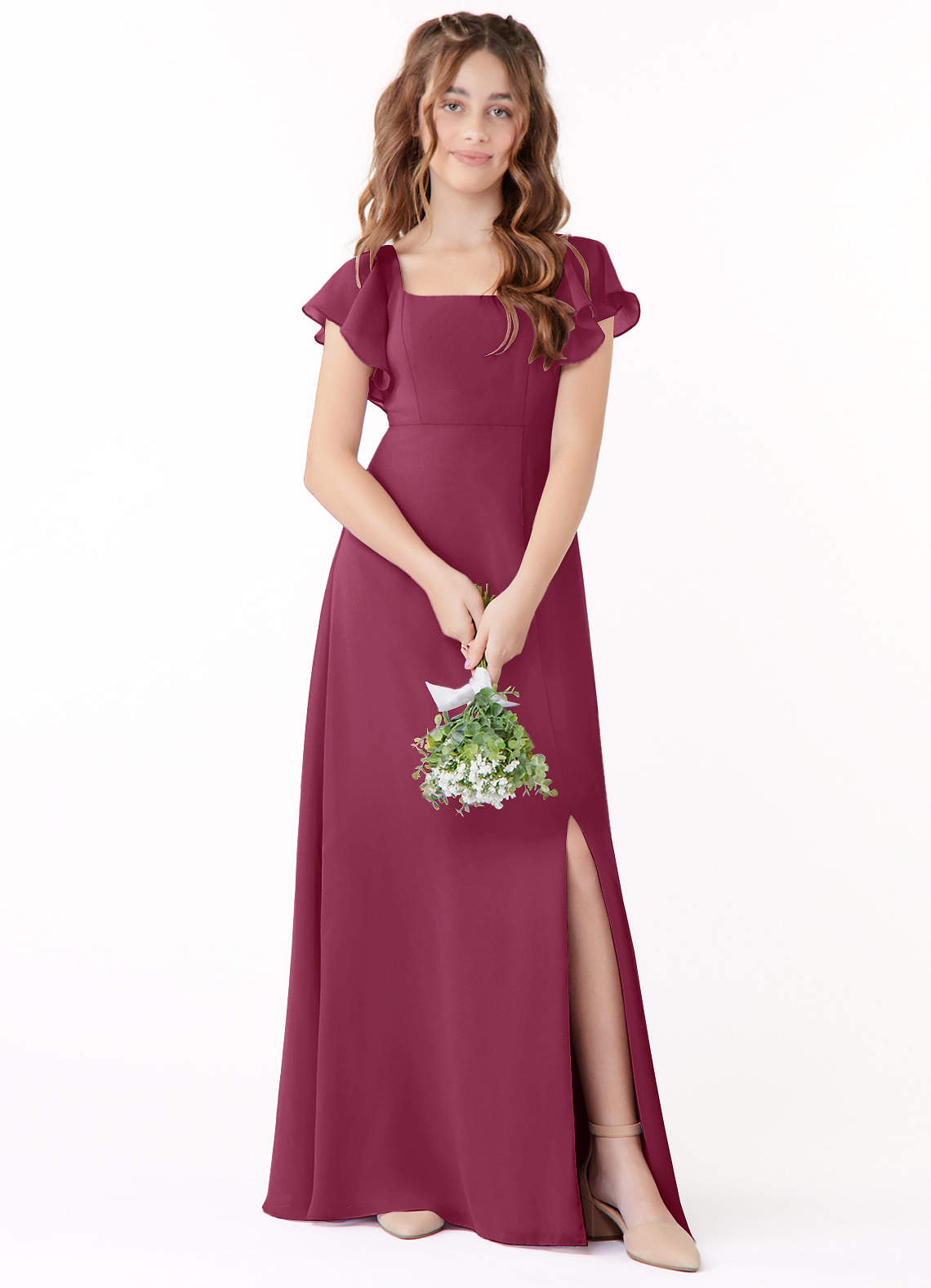 mulberry junior bridesmaid dresses Azazie A-Line/Princess Square Neck Floor-Length Chiffon Whimsical and sweet ESN-S24512 Regency Era Court Gown Length:LONG