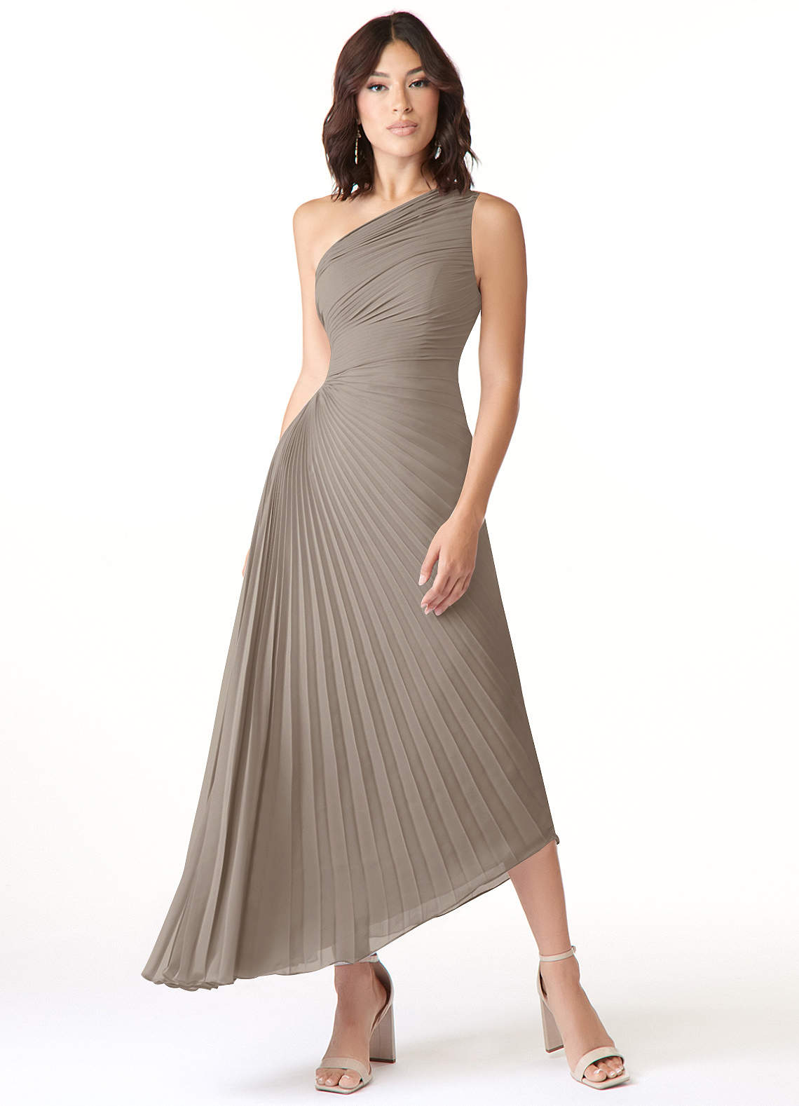 Azazie Kirra Bridesmaid Dresses Taupe A-Line One Shoulder Chiffon Dress image1