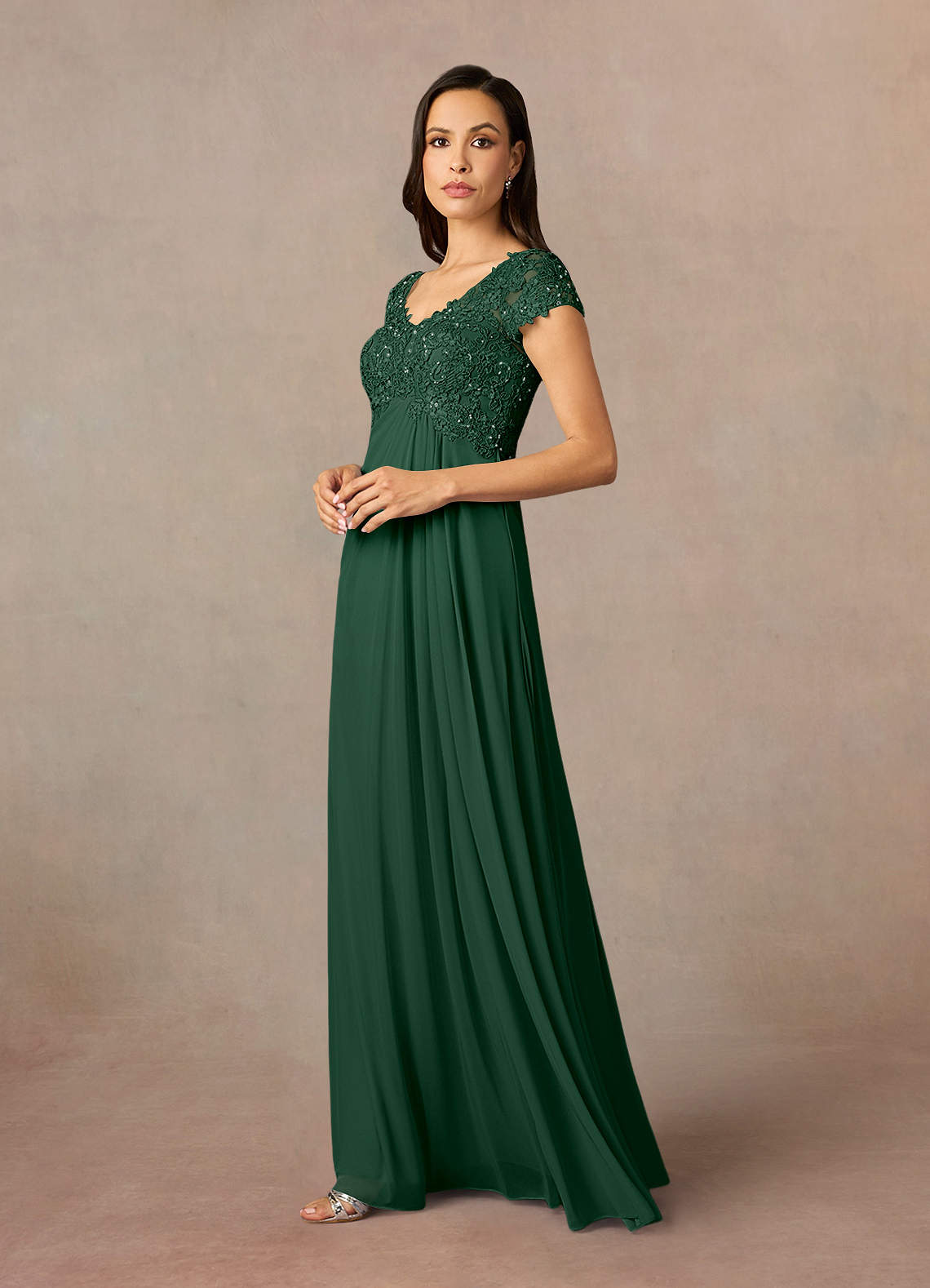 Azazie Macy Dark Green A-Line V-Neck Sequin Lace Lace Dress