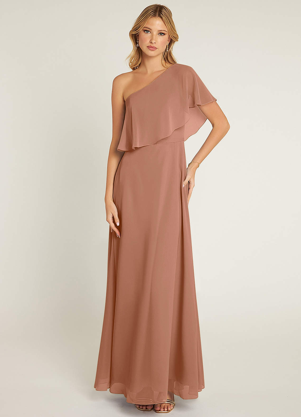 Azazie Lizzy Bridesmaid Dresses Bronzer A-Line One Shoulder Chiffon Dress image1