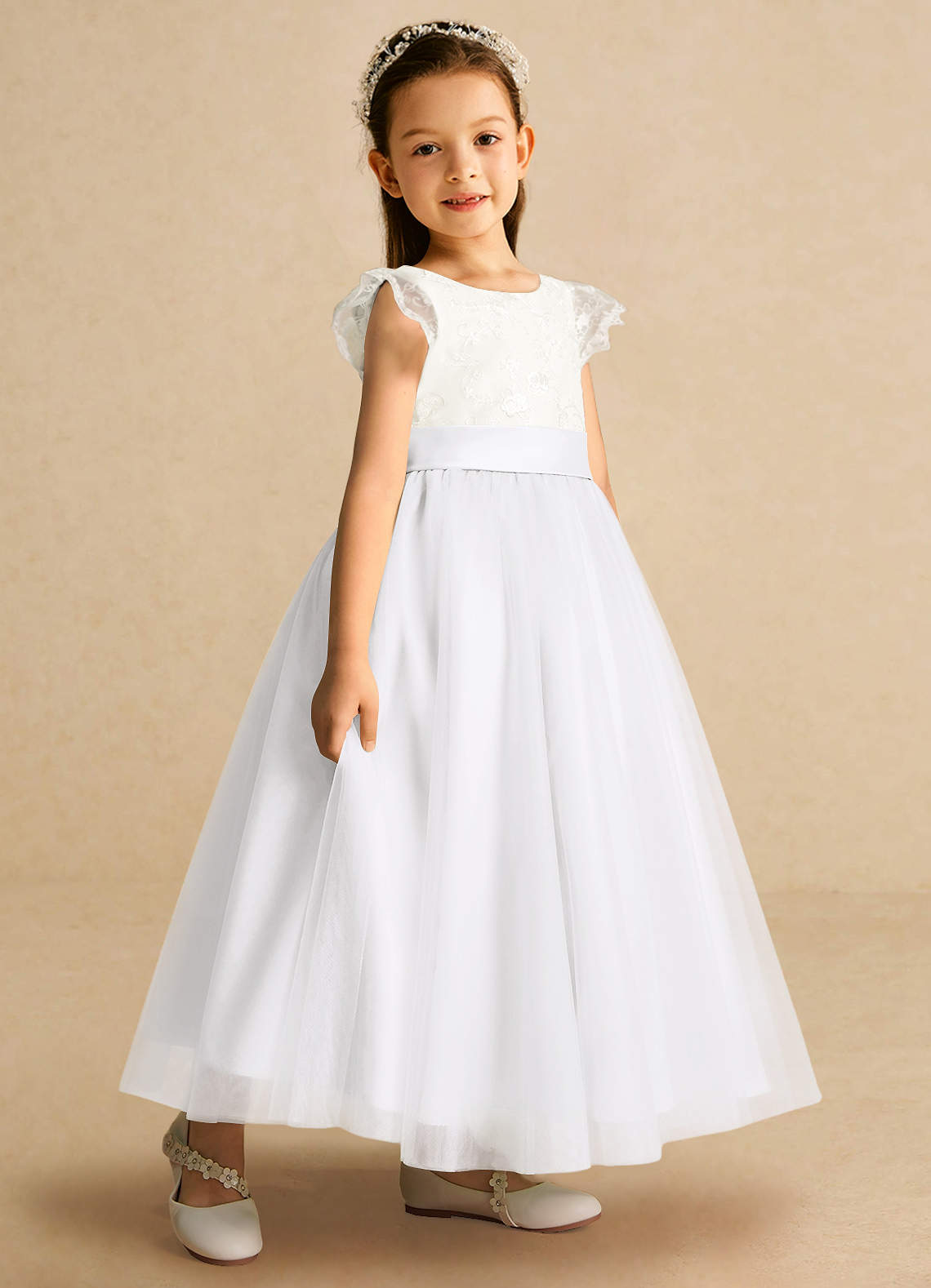 Azazie Pookie Flower Girl Dresses Diamond White A-Line Lace Tulle Dress image1