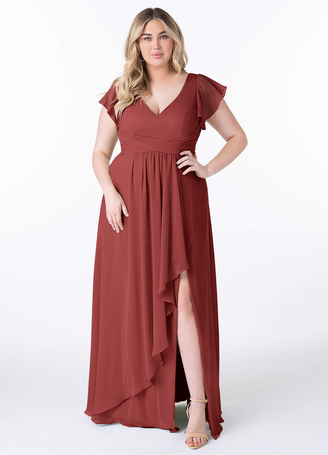 Azazie Omari Robes de demoiselle d'honneur Robe Trapèze en Mousseline de soie Terracotta image1