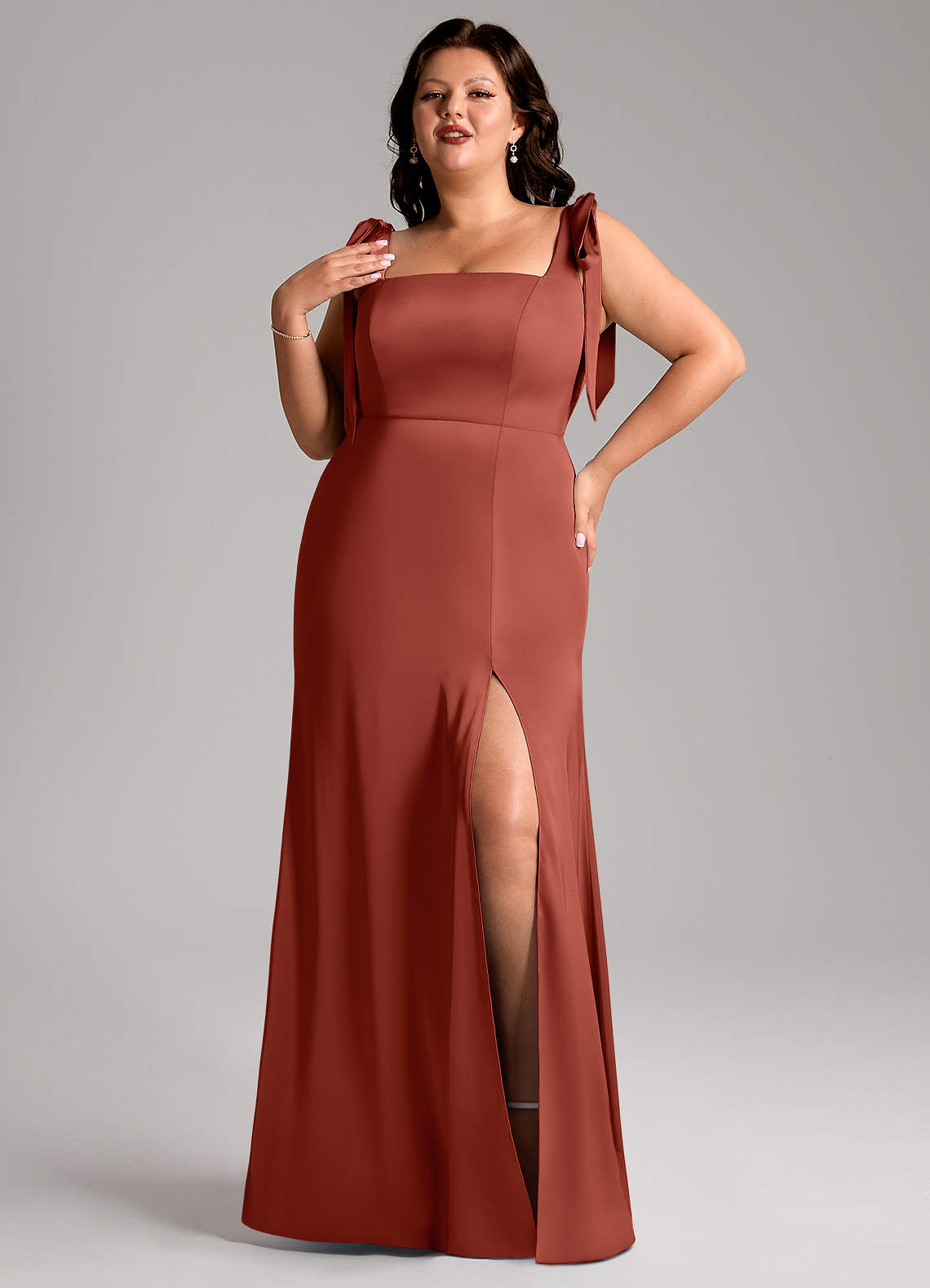 Azazie Frostine Bridesmaid Dresses Terracotta A-Line Bow Stretch Satin Dress image1