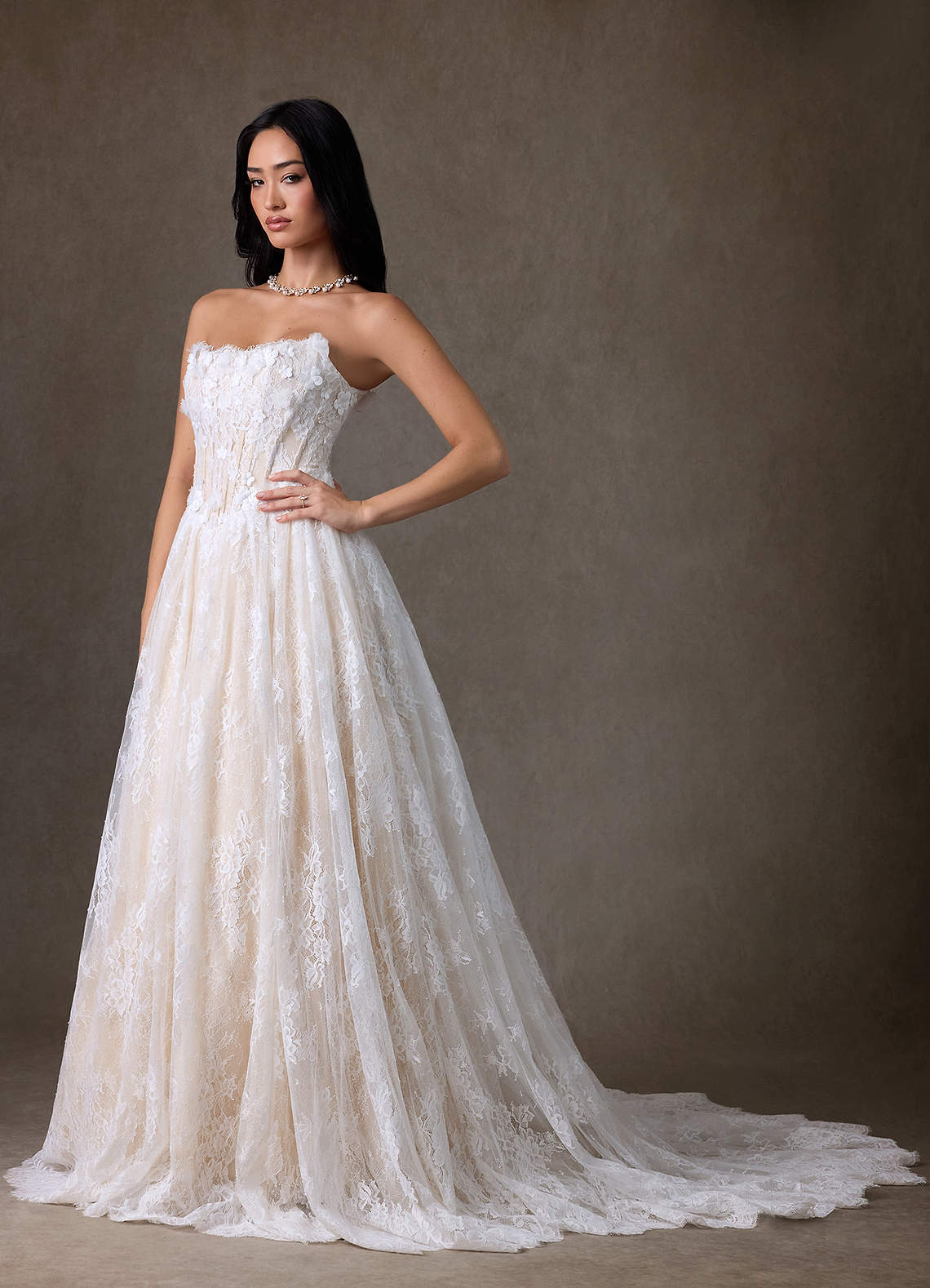 Azazie Vanessa Wedding Dresses Diamond White Champagne Ball-Gown Strapless Lace Dress image11