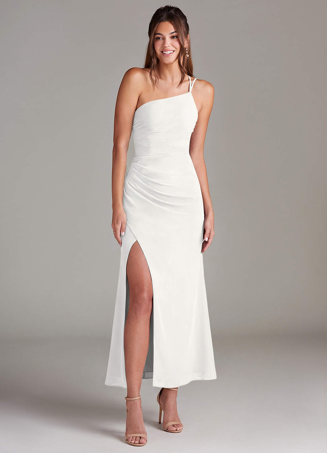 Azazie Eren Bridesmaid Dresses White Mermaid One Shoulder Chiffon Dress image2