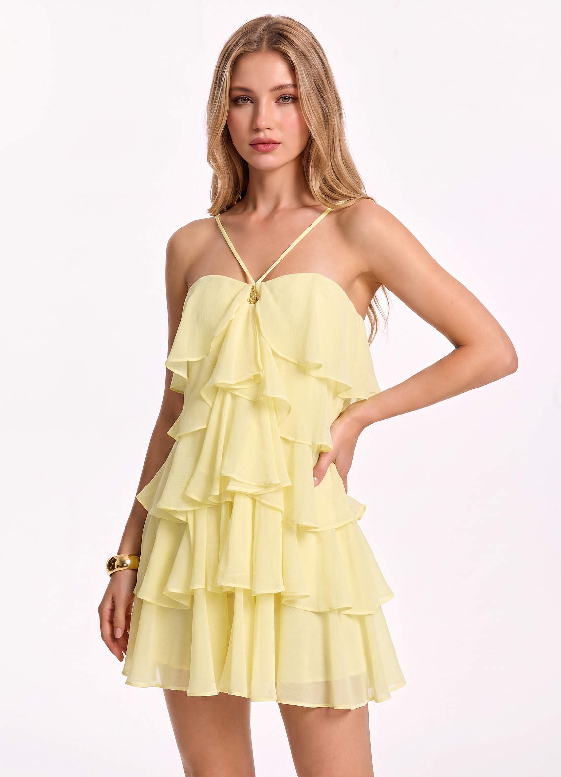 chiffon yellow mini dress Leona Light Spaghetti Strap Tiered Ruffle 2000s Men's Fashion: Seems Christmas party or date nights Color:Orchid Reuniontower com