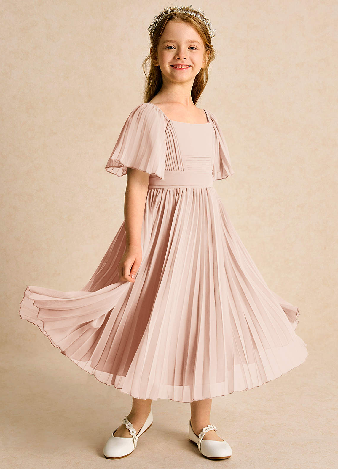 Azazie Gisele Abiti da Ragazza di Fiori Abito A-Line in Chiffon Plissettato Rosa Inglese image1