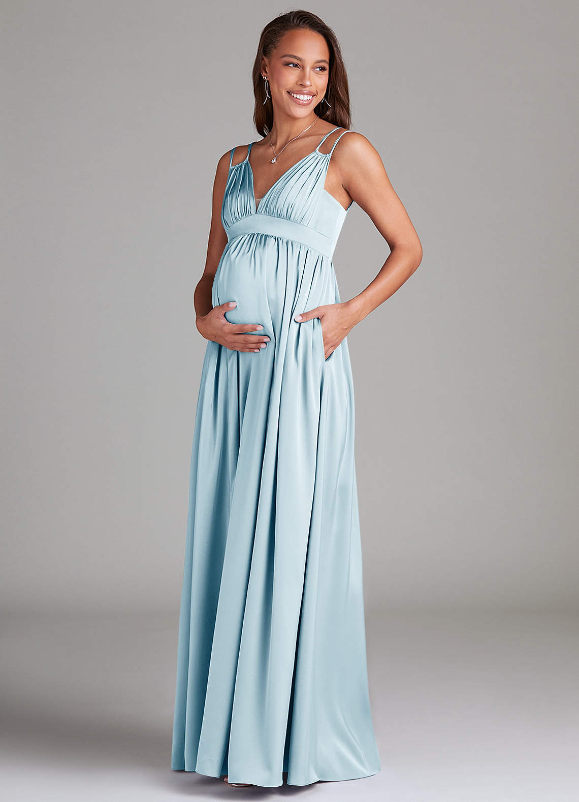 Azazie Emree Maternity Bridesmaid Dresses A-Line Stretch Satin Floor-Length Dress with Pockets image2
