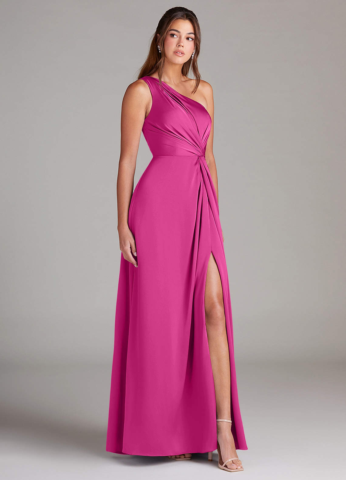 Azazie Brooke Vestidos de damas de honor Vestido de Fucsia de Satén Elástico de Corte en A con Hombro unilateral image3