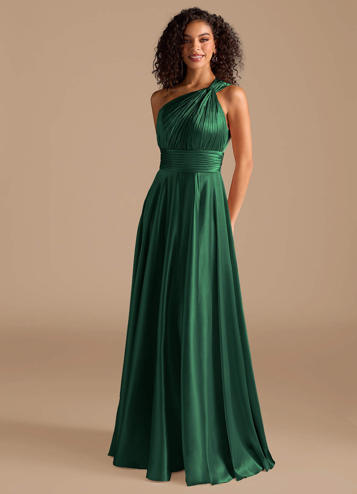 Azazie A-Line One-Shoulder Floor-Length Metallic Satin Bridesmaid Dresses - Dark Green