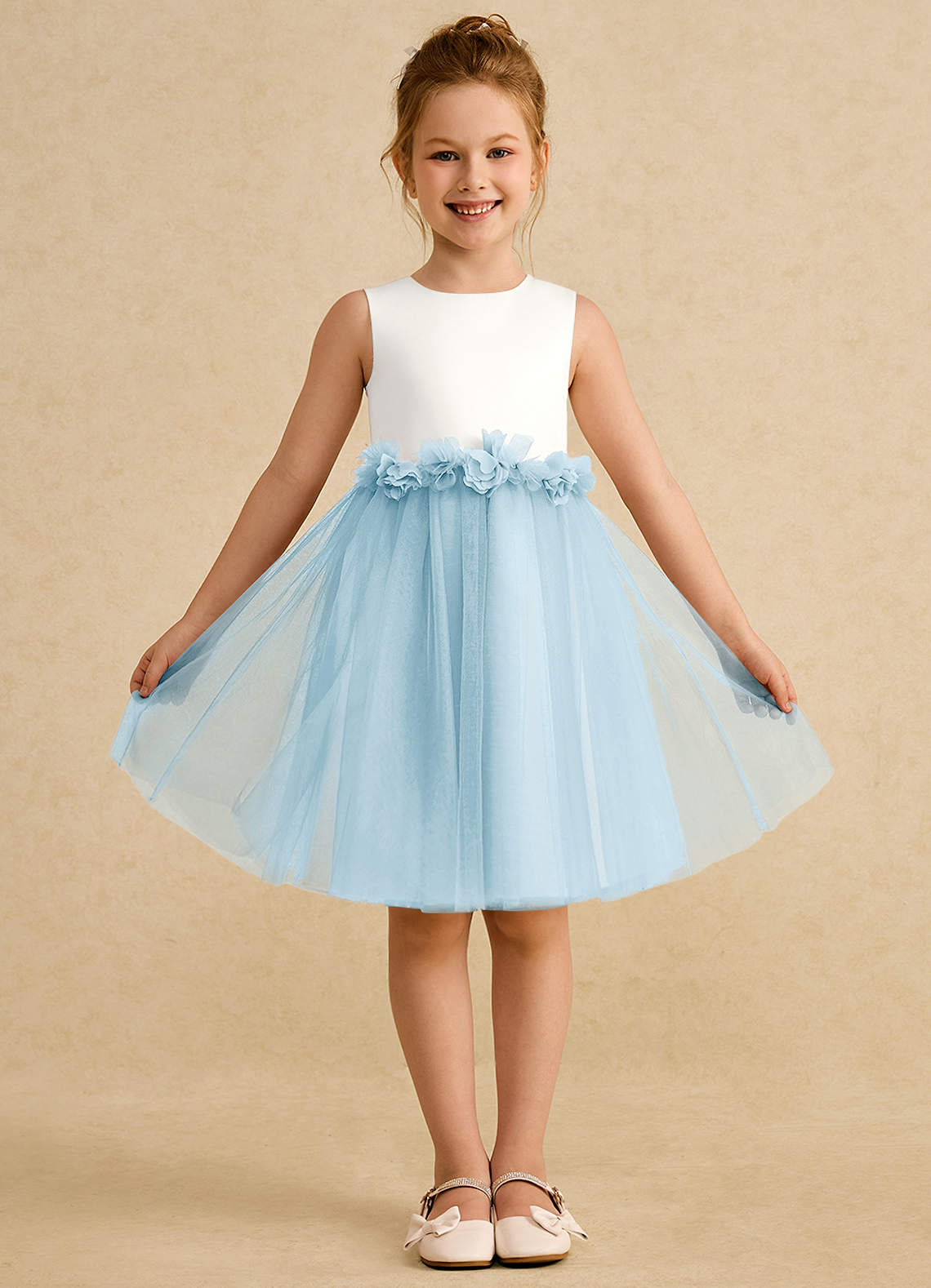 Azazie Louisa Flower Girl Dresses Ivory Sky Blue A-Line Sleeveless Tulle Dress image1
