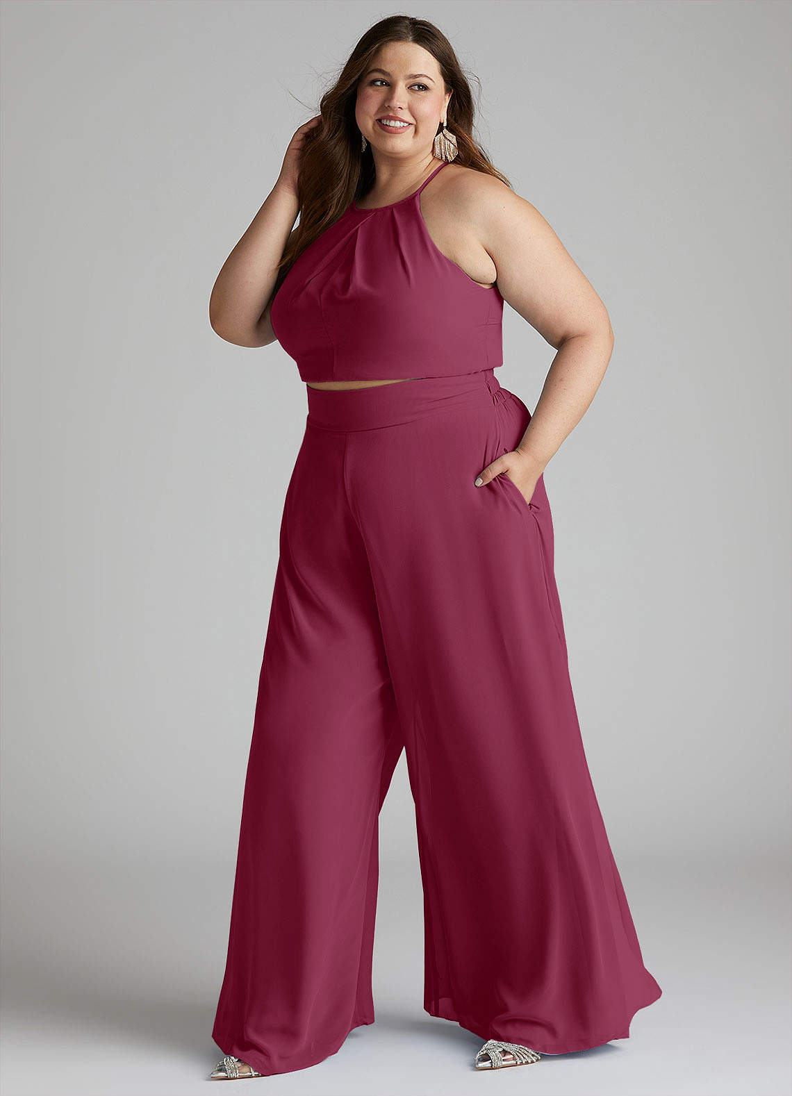 Azazie Kenzi Bridesmaid Dresses Mulberry Pleated Chiffon Jumpsuit image1
