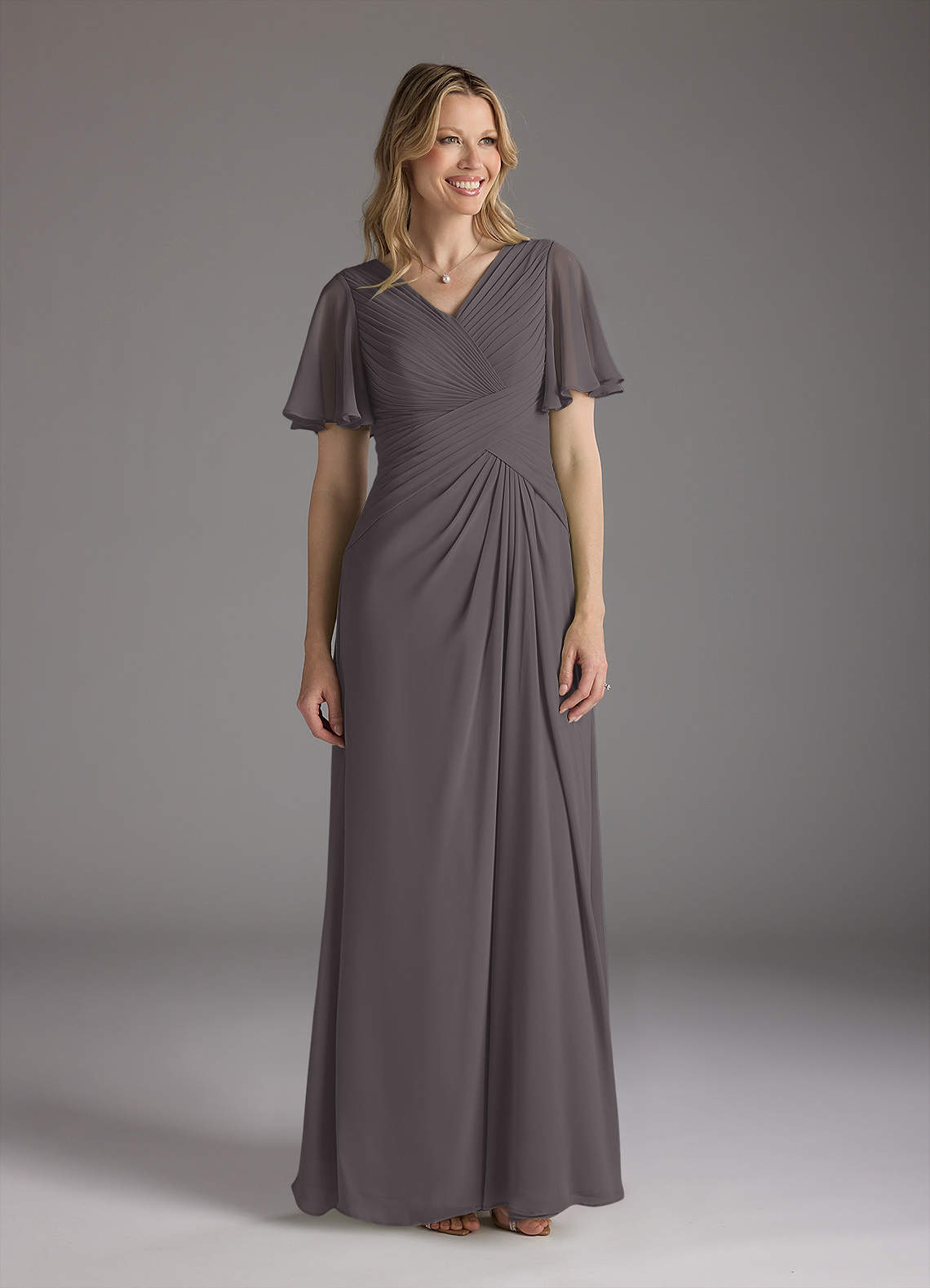 sachin and babi light blue dress Azazie Morning Glory Steel Grey A-Line V-Neck Ruched Chiffon Dress