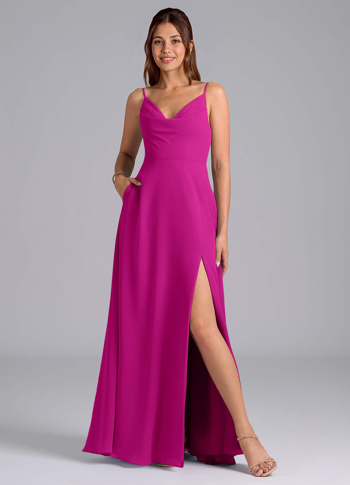 Azazie Sarella Bridesmaid Dresses Fuchsia A-Line with Pockets Chiffon Dress image1