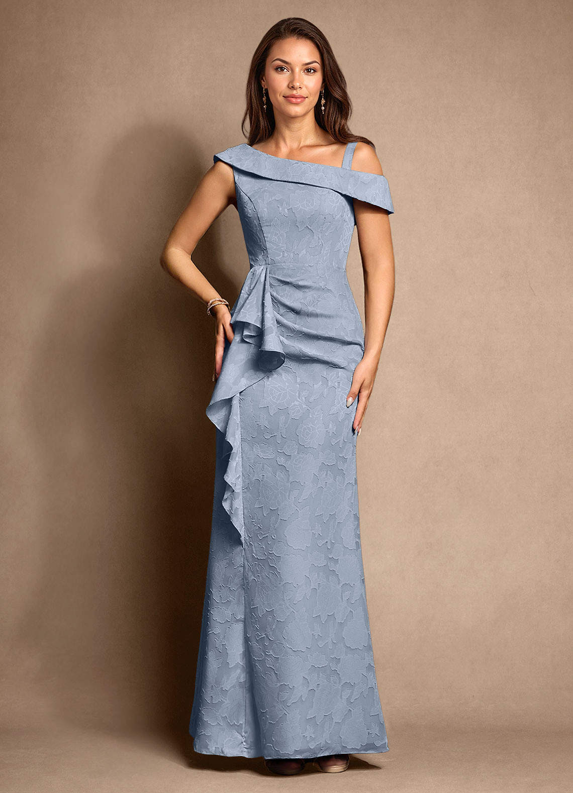Azazie Hamptons Mother of the Bride Dresses Dusty Blue A-Line Pleated Floral Burnout Dress image5