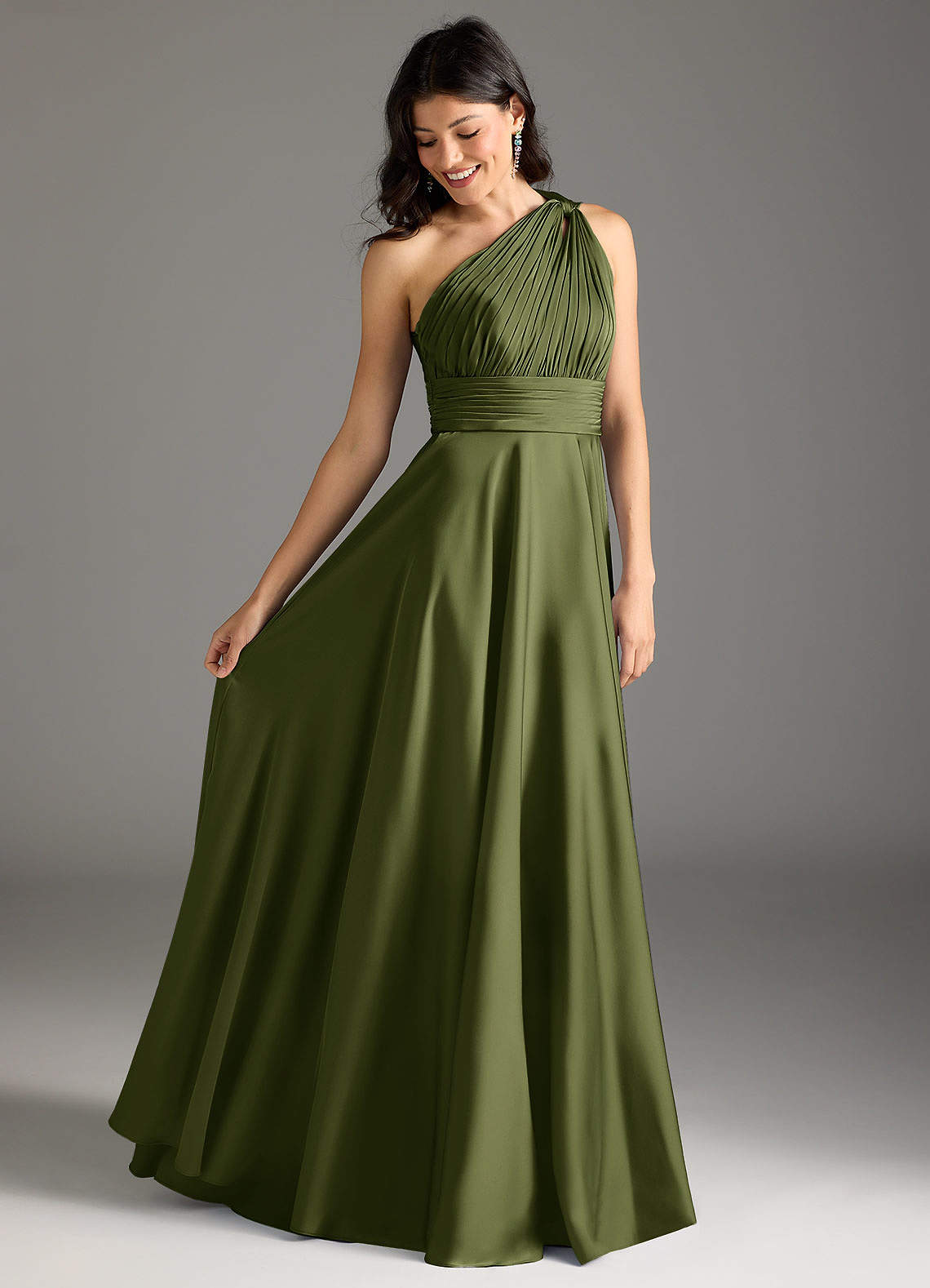 Azazie Charlize Bridesmaid Dresses Olive A-Line One Shoulder Stretch Satin Dress image1