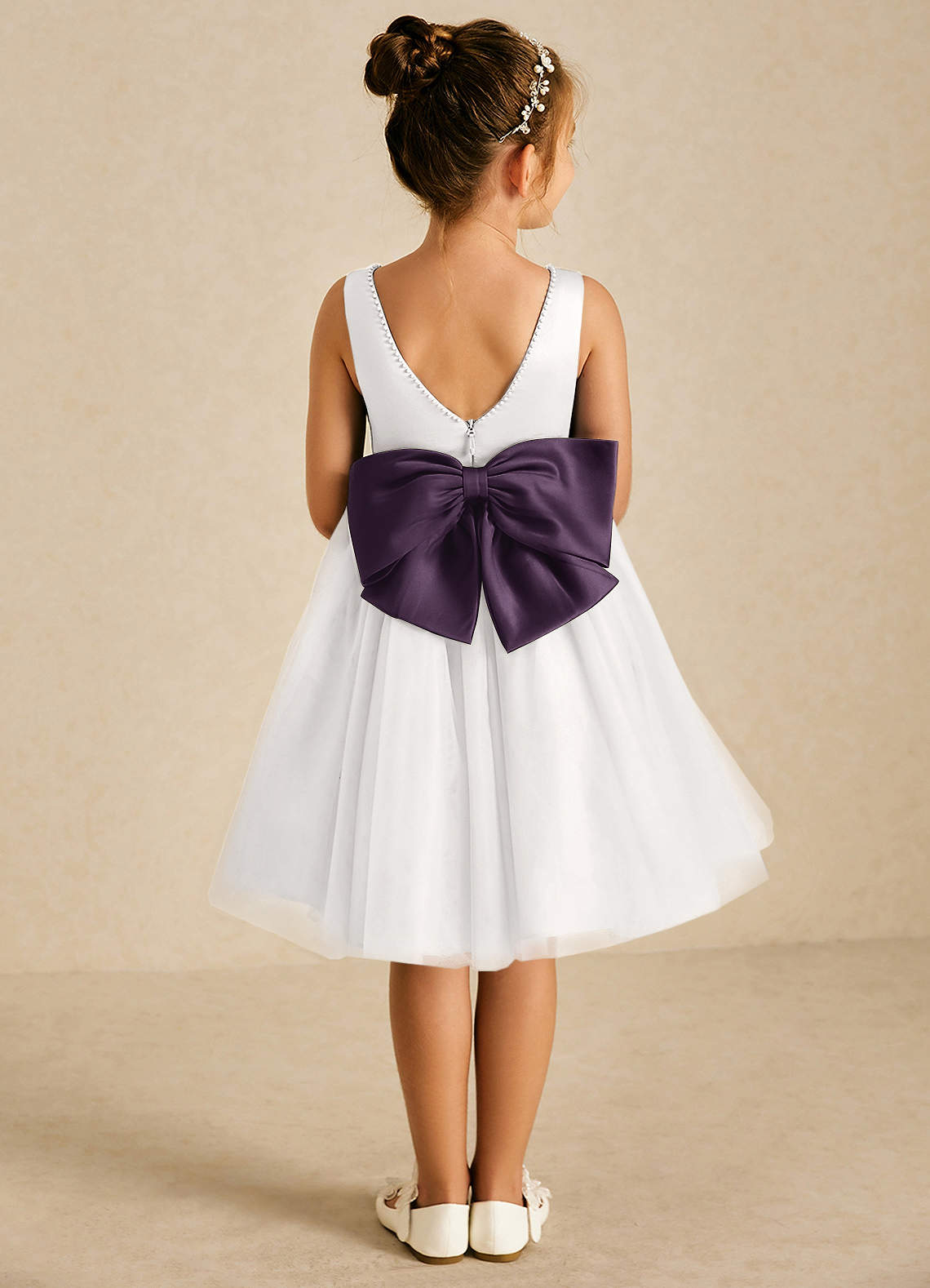 Azazie Seline Flower Girl Dresses Ivory Plum A-Line Bow Tulle Dress image1