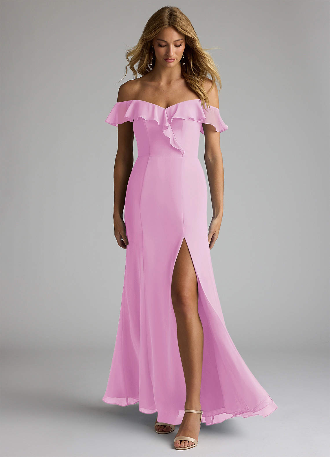 Azazie Sophie Bridesmaid Dresses Candy Pink A-Line Off the Shoulder Chiffon Convertible Dress image1