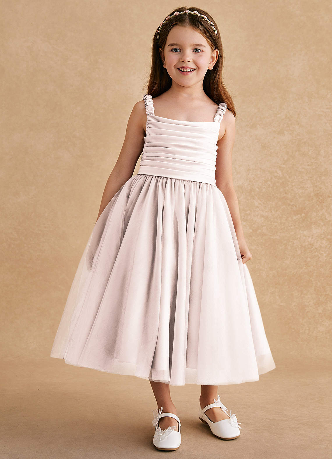 Azazie Gabbie Flower Girl Dresses Rose Petal A-Line Pleated Matte Satin Dress image1