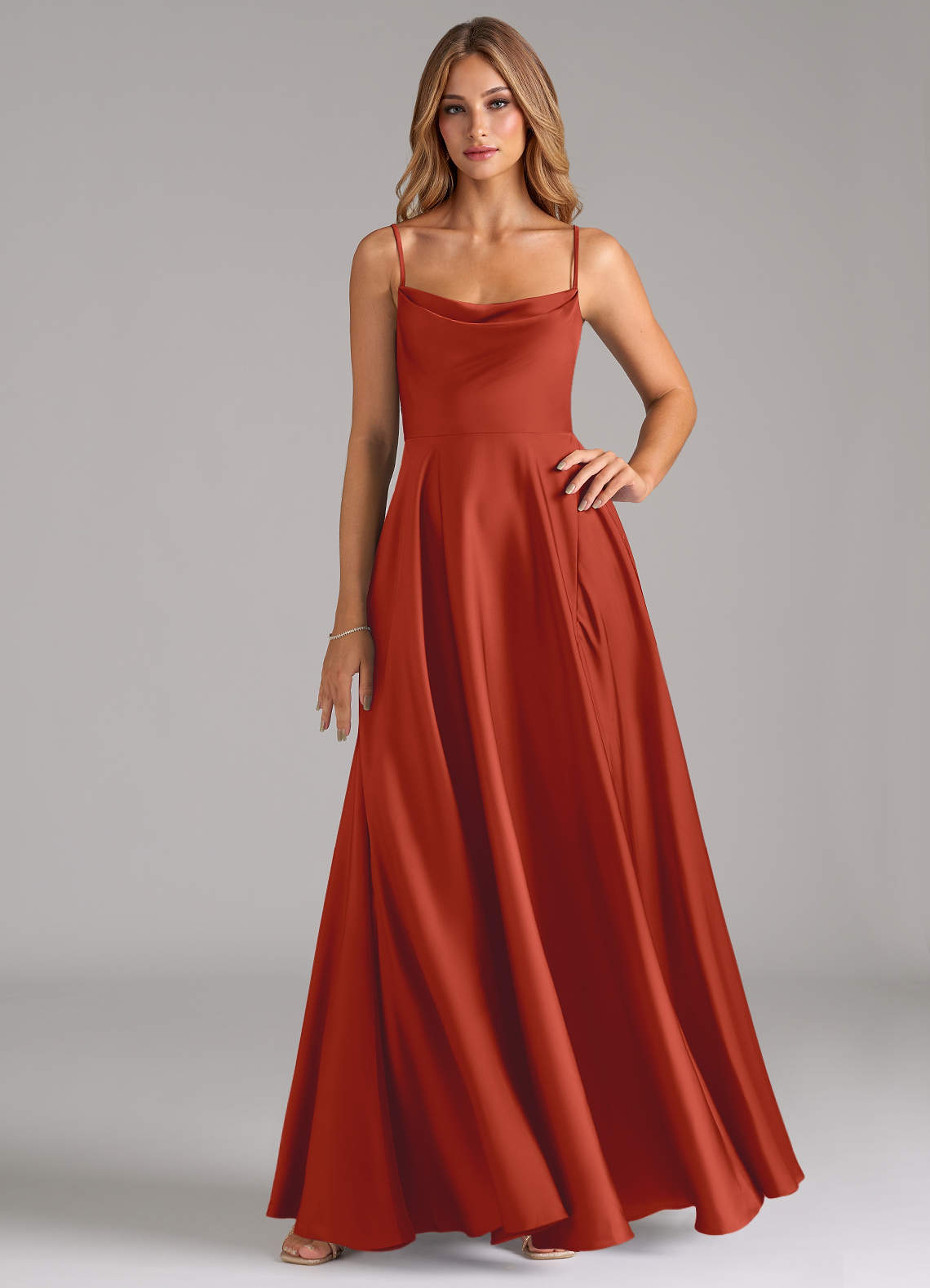 Azazie A-Line Cowl Neck Floor-Length Stretch Satin Bridesmaid Dresses - Rust