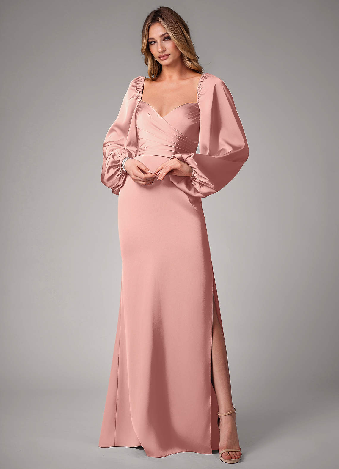 Azazie Sonata Bridesmaid Dresses Rosette Sheath Long Sleeve Stretch Satin Convertible Dress image1