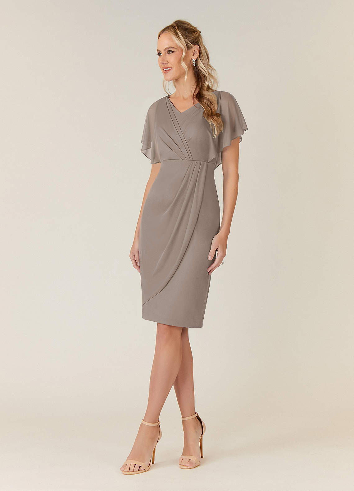 Azazie Waverly Taupe Sheath Pleated Mesh Dress Mother Of The Bride