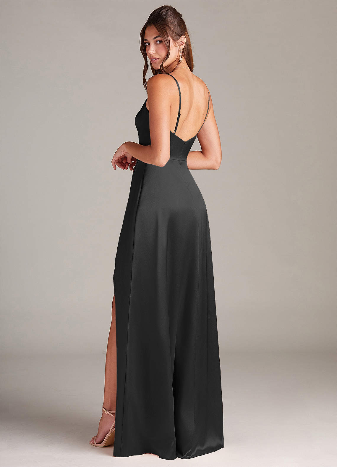 Azazie Sarella Bridesmaid Dresses Black A-Line with Pockets Metallic Satin Dress image3