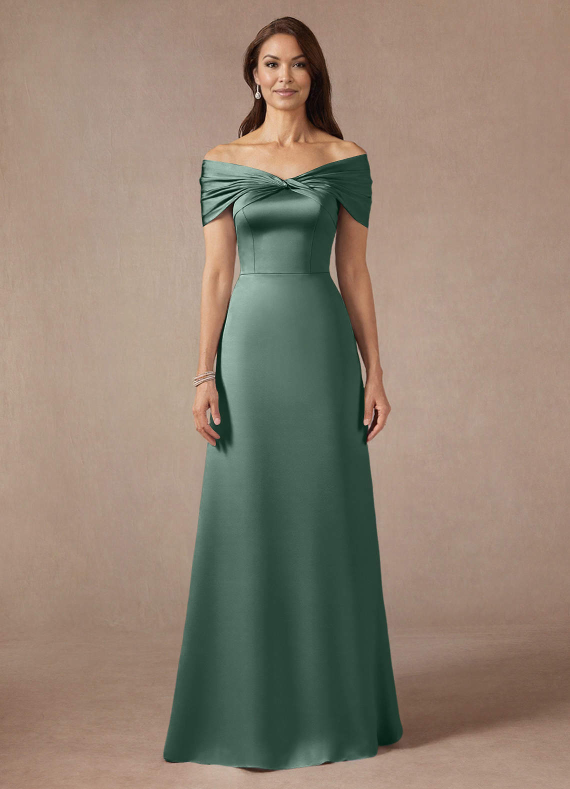 Azazie Amelia Mother of the Bride Dresses Eucalyptus A-Line Off the Shoulder Stretch Satin Dress image2