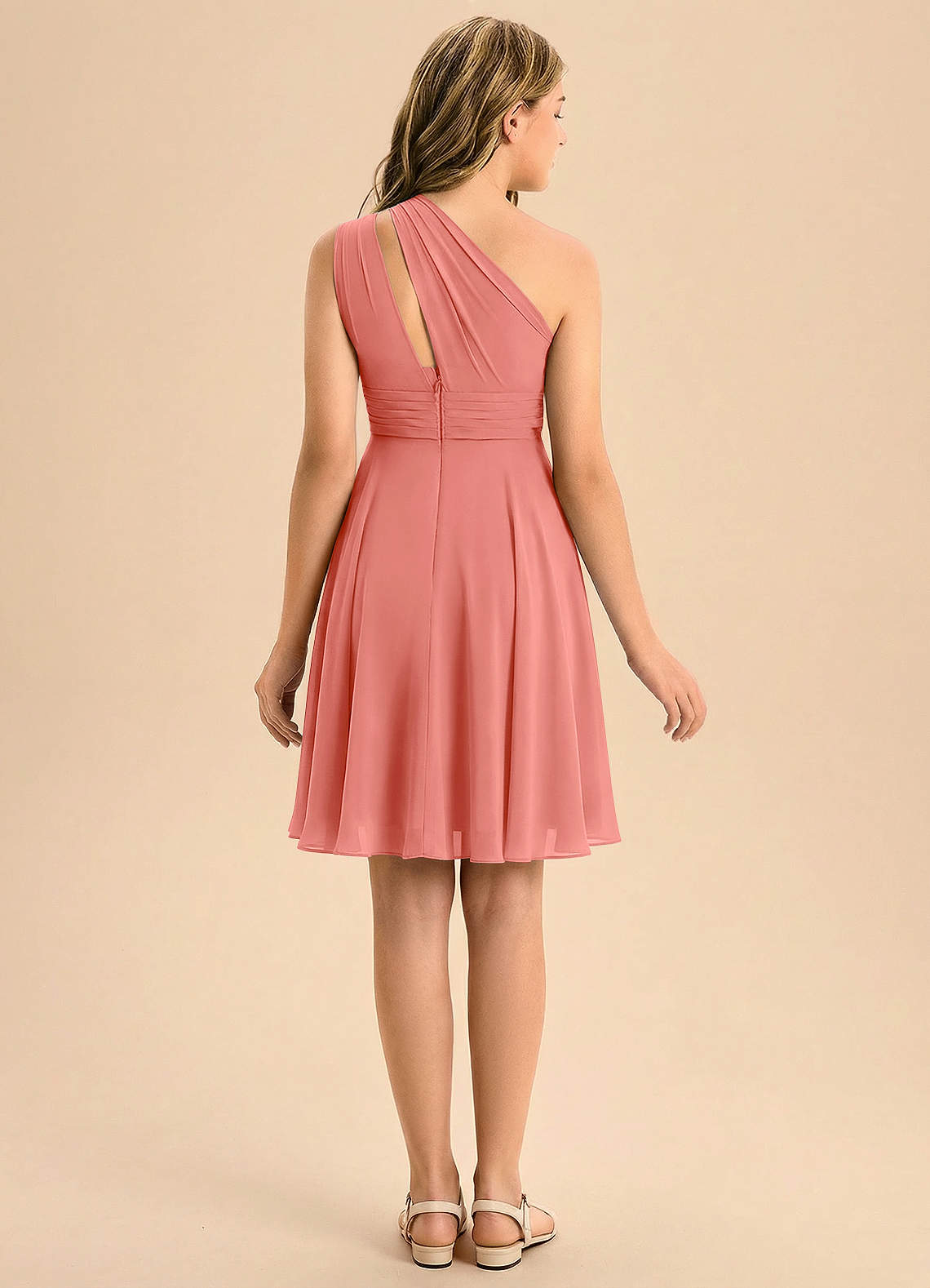 Azazie Charlize Junior Salmon Pink A-Line Pleated Chiffon Dress image1