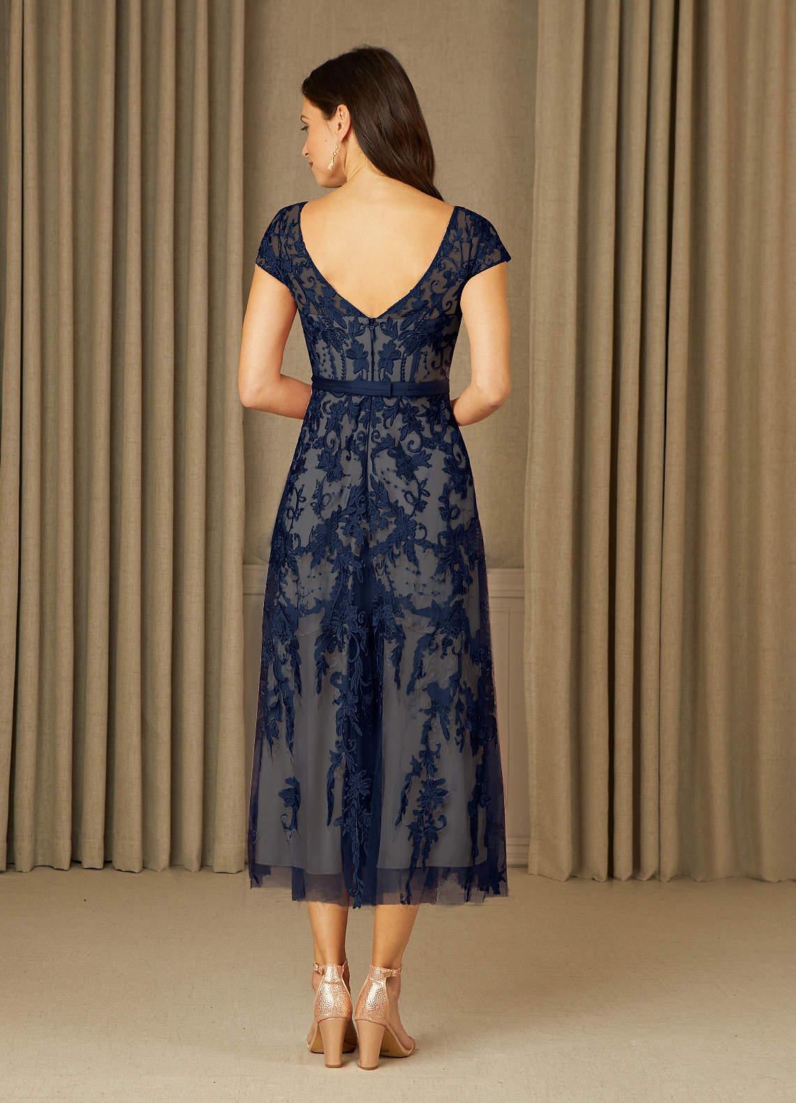 Azazie Sanna Mother of the Bride Dresses Dark Navy Champagne A-Line Scoop Lace Tulle Dress image1