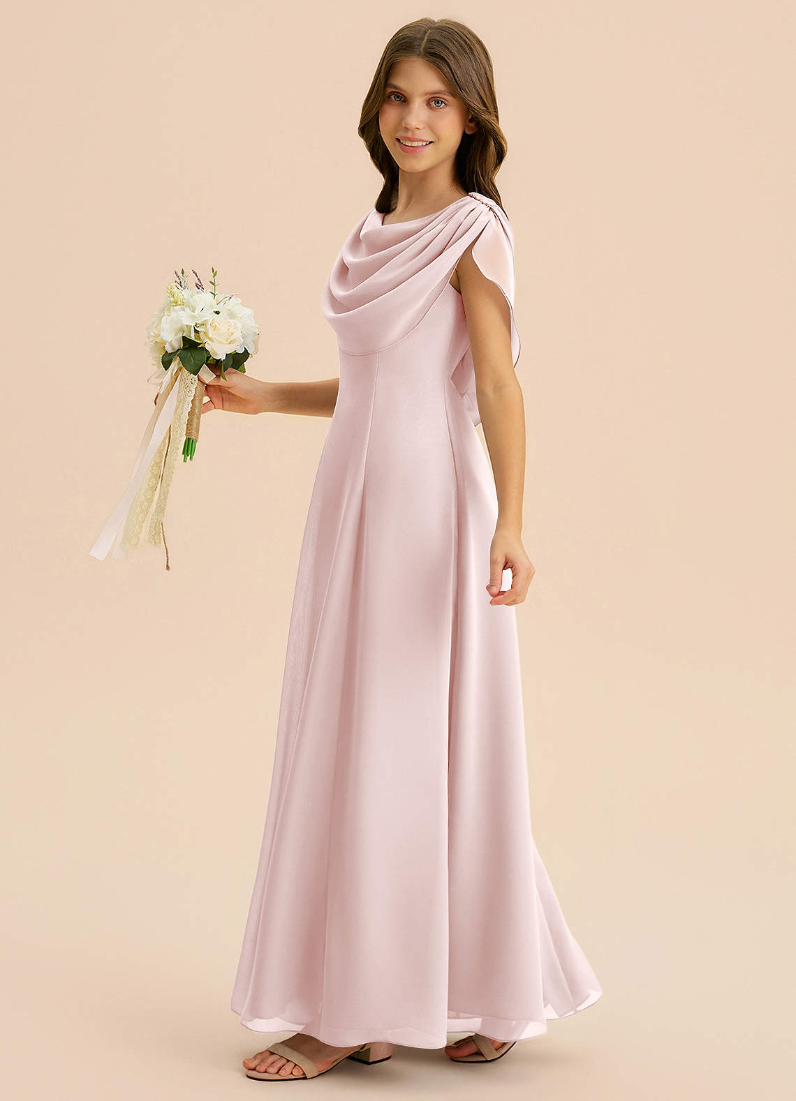 Azazie A-Line/Princess Cowl Neck Floor-Length Chiffon Junior Bridesmaid Dresses - Blushing Pink Azazie A-Line/Princess Cowl Neck Floor-Length Chiffon Junior Bridesmaid Dresses - Blushing Pink