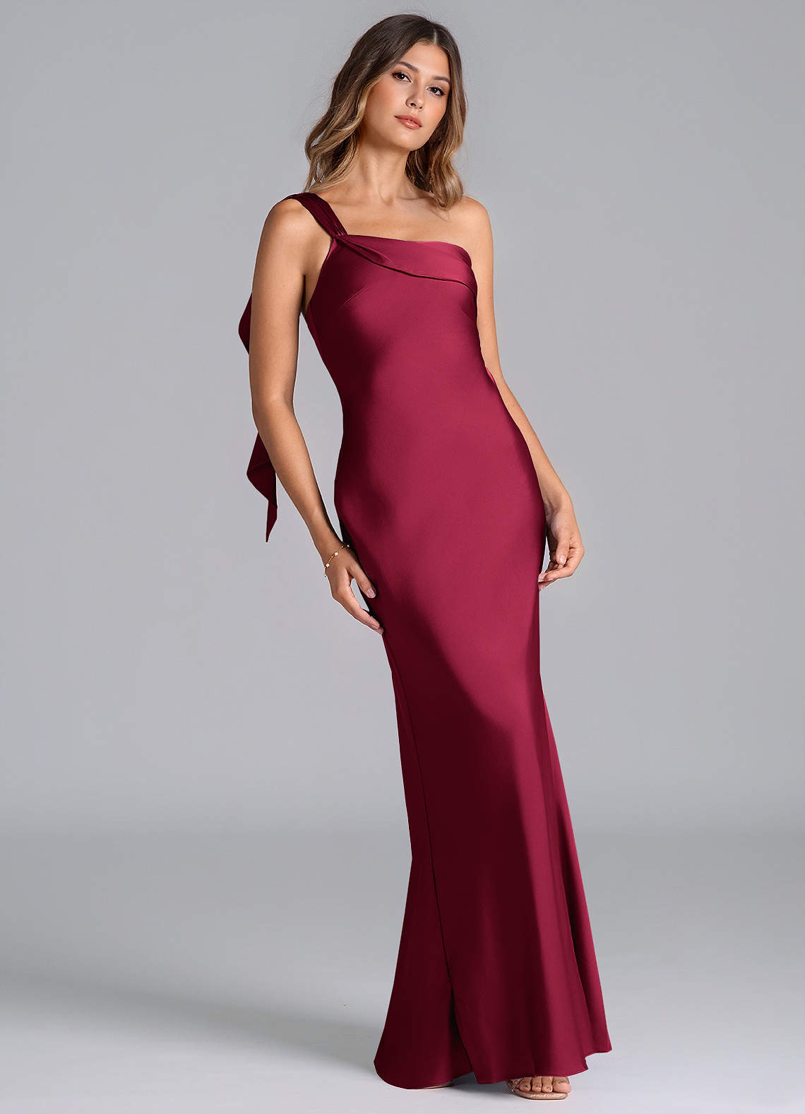 Azazie Driea Bridesmaid Dresses Burgundy Mermaid One Shoulder Stretch Satin Dress image1